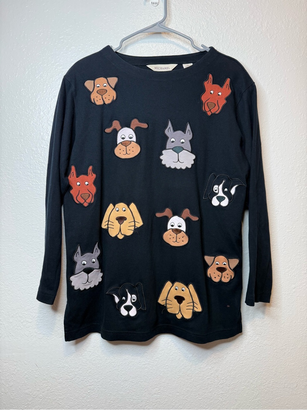 Bechamel Black Long Sleeve All Over Dog Embroidered Appliqué Top Size M Vintage
